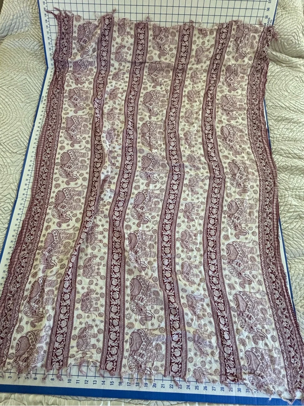 Elephant Print Anthropologie Fringed Wrap Scarf in Cream and Burgundy